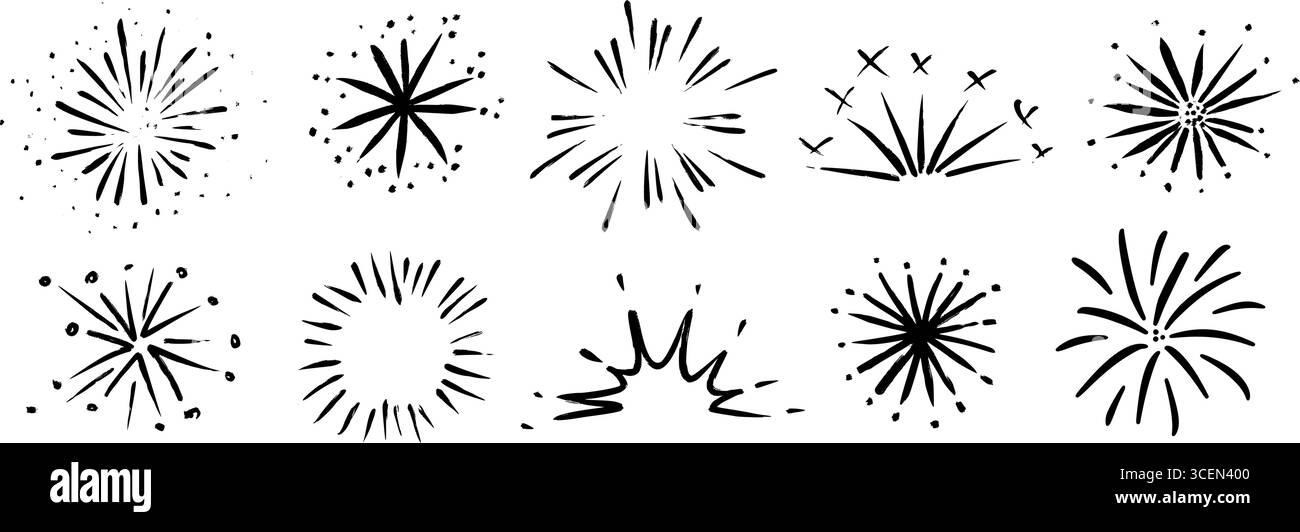 Set di fuochi d'artificio disegnati a mano Collezione di elementi pirecracker con spiedini a pastello. Bozzetti pastello neri di esplosione, scintille, luci a stella. Adesivi scintillanti per lavori di fuoco disegnati a carbone vettoriale Illustrazione Vettoriale