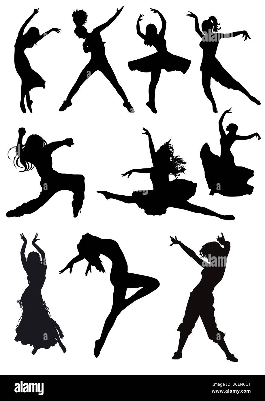 Silhouette di ragazze che ballano. Illustrazione vettoriale in bianco e nero Illustrazione Vettoriale