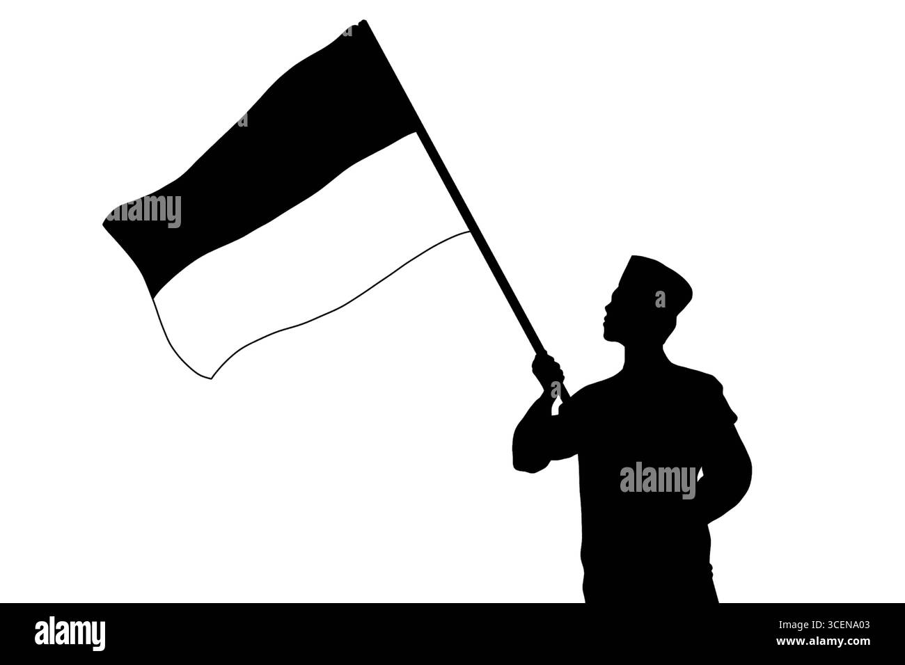 Silhouette di un uomo che indossa un berretto tradizionale sventolando bandiera indonesiana su sfondo bianco, simbolo di indipendenza, patriottismo e orgoglio nazionale Illustrazione Vettoriale