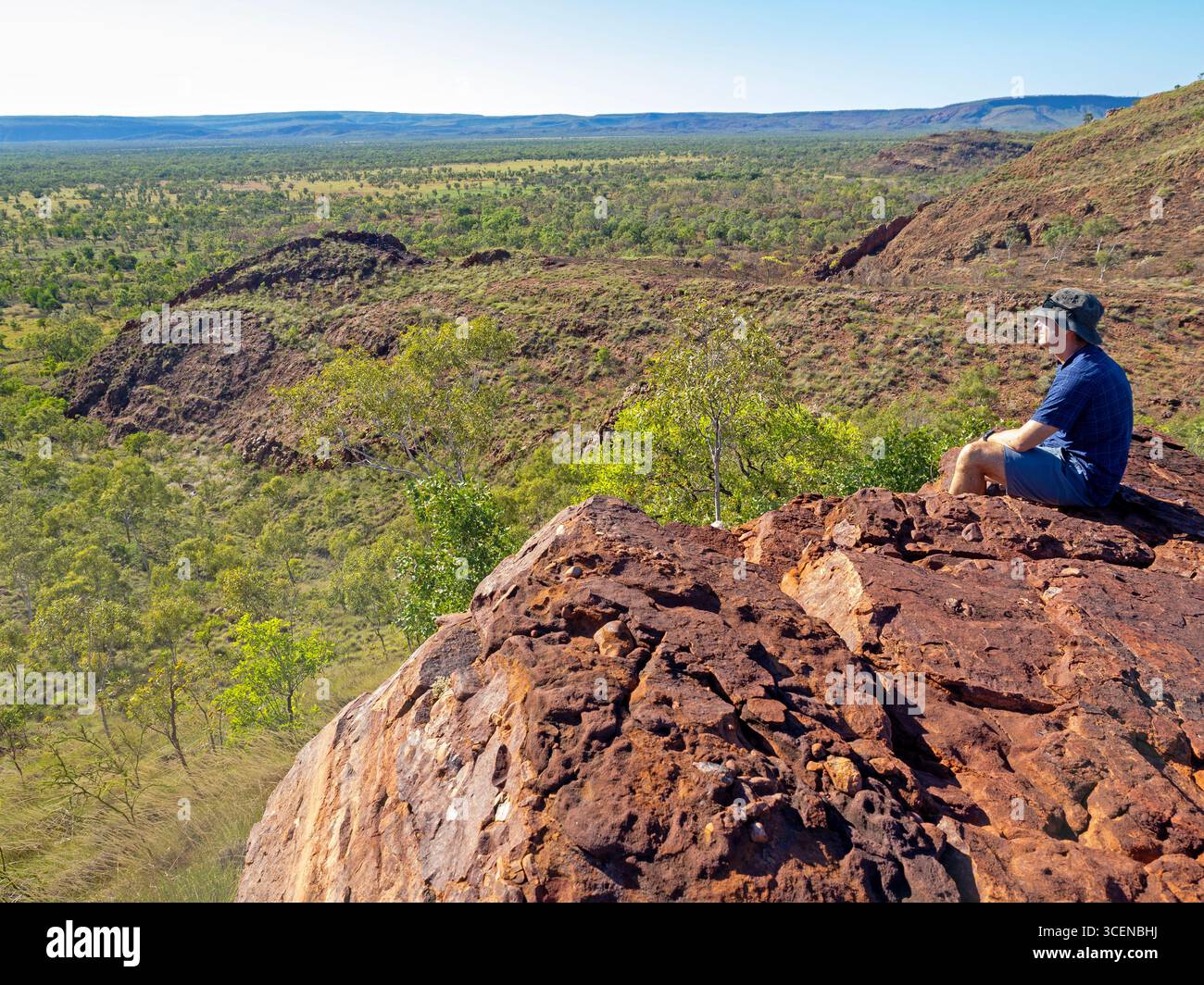 Uomo che guarda sulla pianura alluvionale di Keep River da Jarnem Lookout Foto Stock