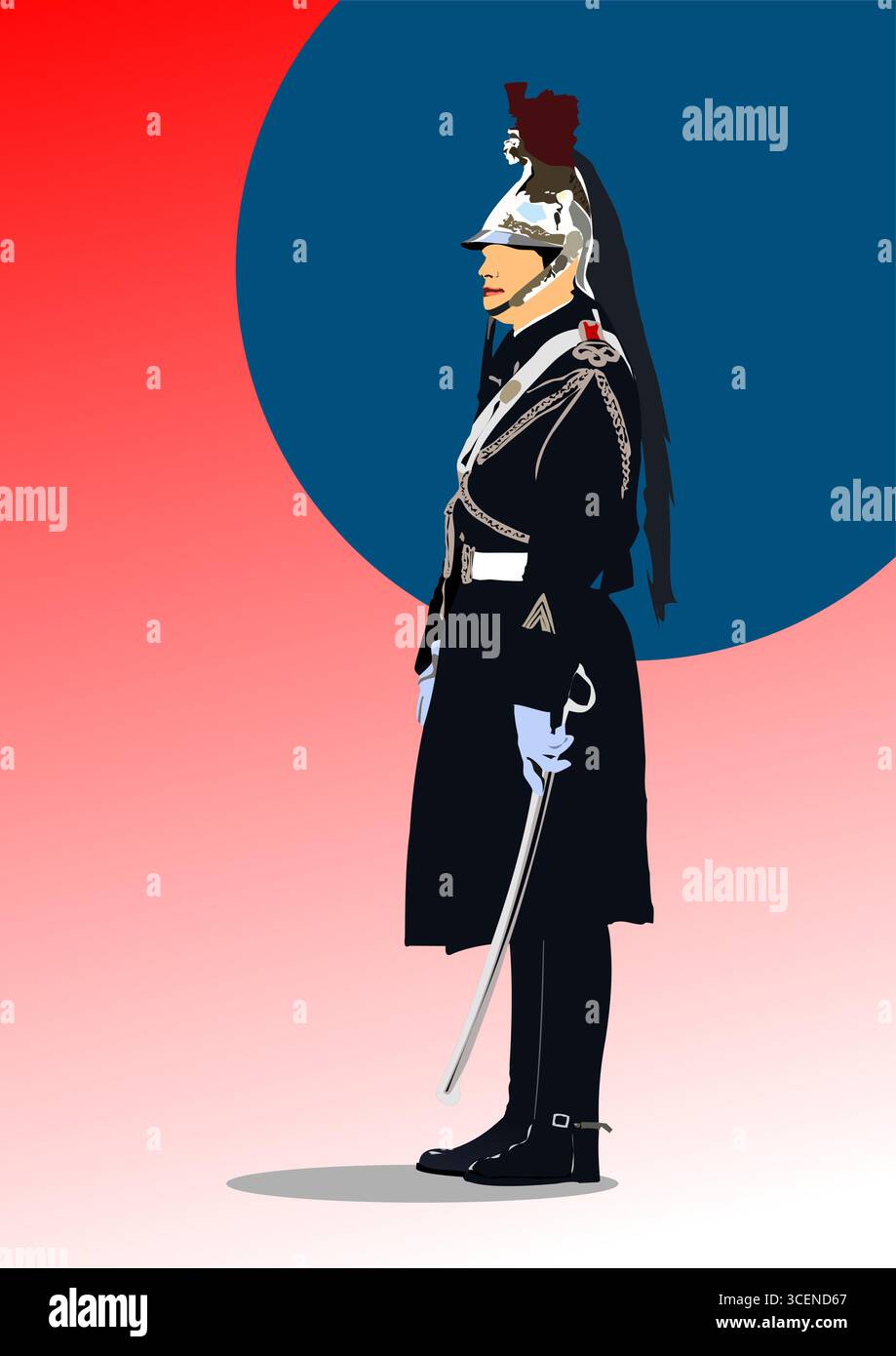 Una Guardia repubblicana francese. Garde Républicaine. illustrazione vettoriale colore 3d. Illustrazione Vettoriale