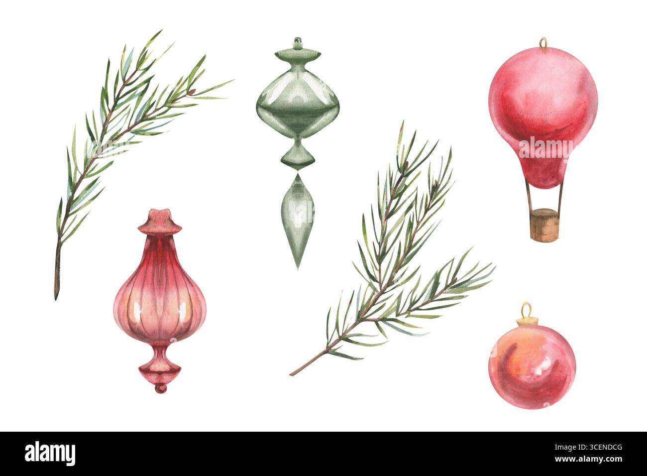 Albero di Natale con decorazioni tradizionali, acquerello con palline vintage in vetro rosso e verde, illustrazione di rami di abete sempreverdi. festa di Capodanno isolata Foto Stock