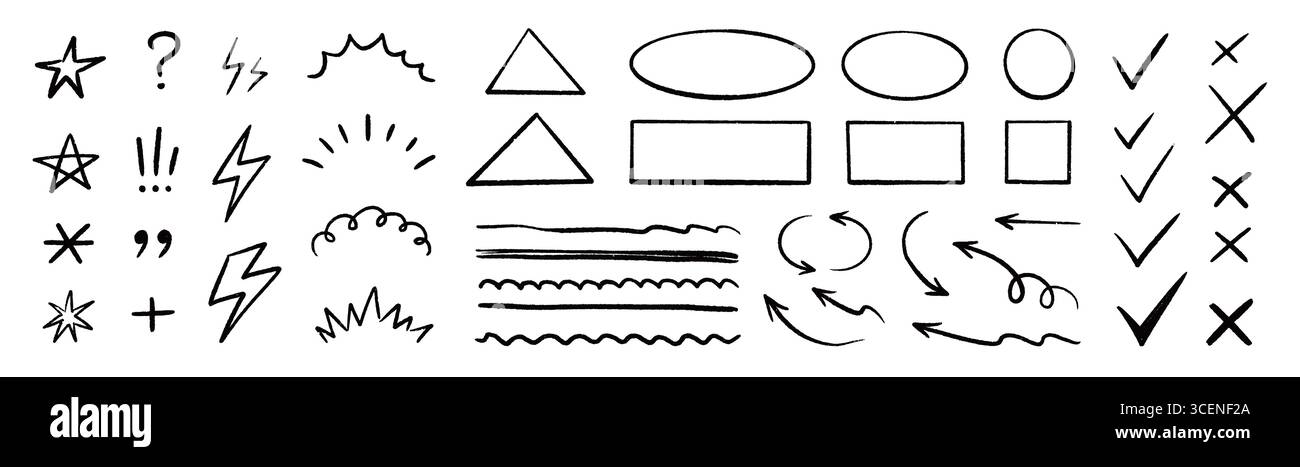 Raccolta freccia con segno di spunta gesso. Simboli in stile lavagna, virgolette a matita, caselle di controllo e sottolineatura pastello disegnato a mano. Evidenziazione trama gesso matita, freccia. Illustrazione vettoriale Illustrazione Vettoriale