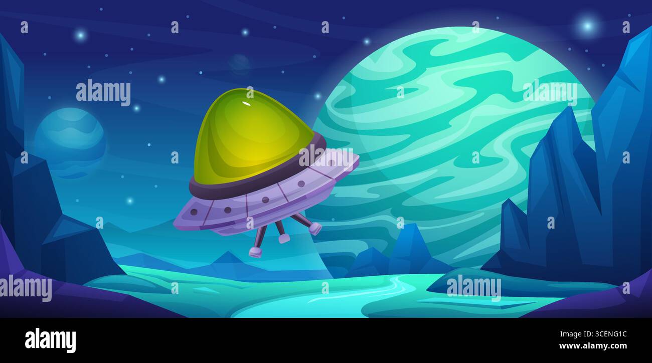 Nave aliena in viaggio. Navicella spaziale che vola a terra o decolla dal pianeta. Trasporto interstellare, viaggi nell'universo e avventure spaziali vettoriali Illustrazione Vettoriale