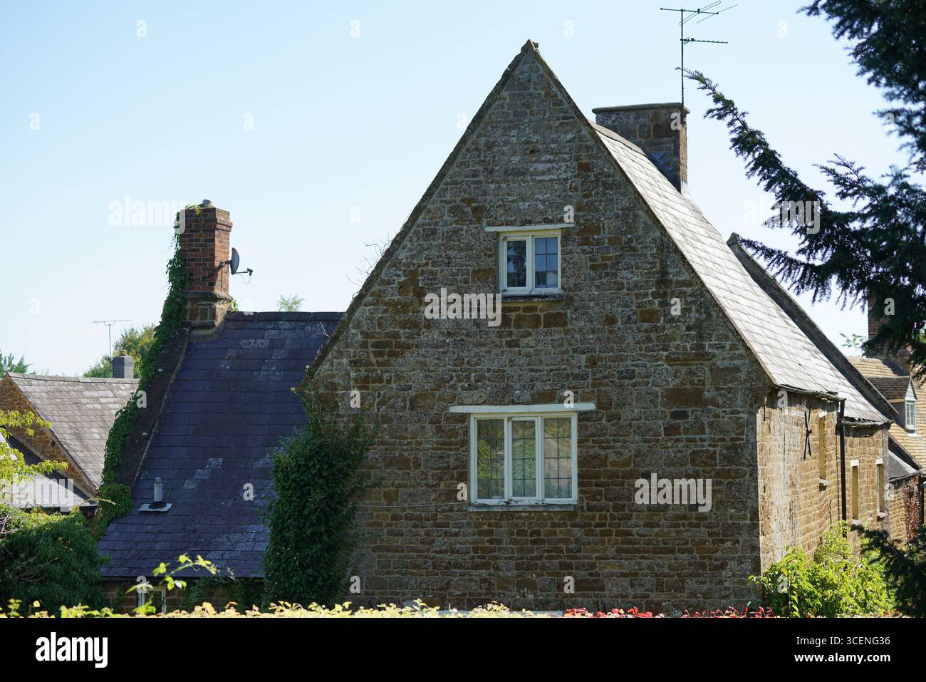 Affascinante cottage rustico con pareti ricoperte di edera e architettura classica. Adderbury, Inghilterra Foto Stock
