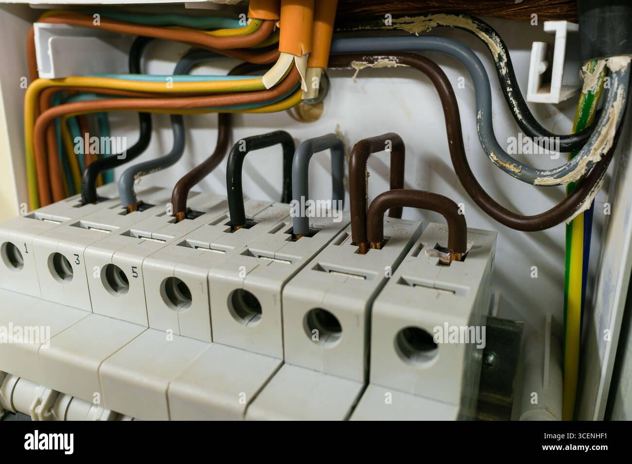 Primo piano dei fili elettrici collegati a un pannello di protezione dell'interruttore automatico. Foto Stock