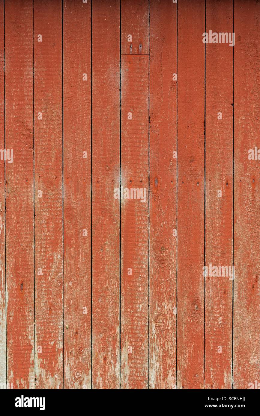 Le pareti in legno rosso testurizzato mostrano l'usura e i motivi naturali, riflettendo anni di utilizzo in un tranquillo ambiente di campagna. Foto Stock