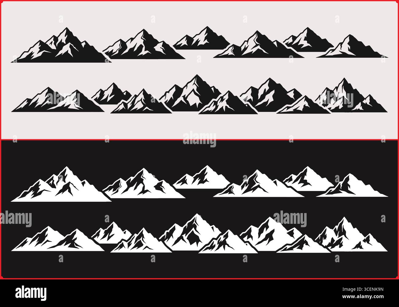 Motivi di silhouette della catena montuosa in bianco e nero con sfondi a contrasto e bordo rosso Illustrazione Vettoriale