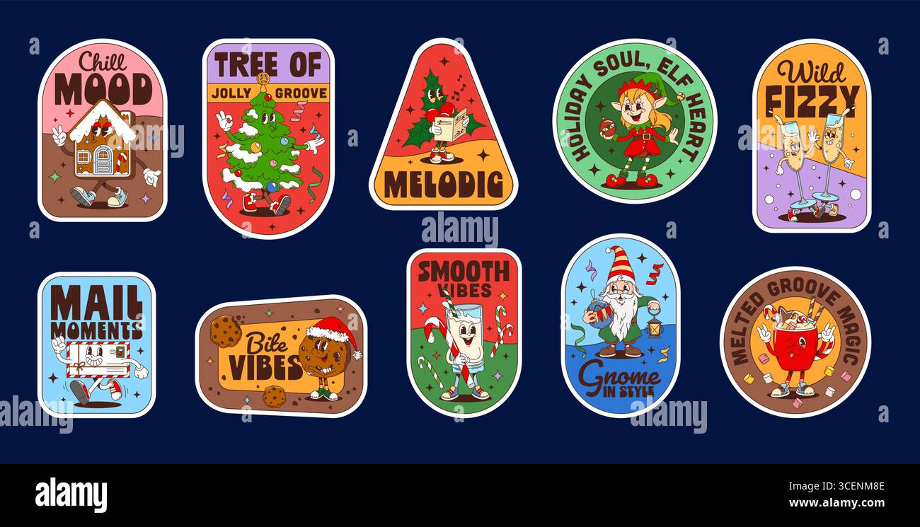 Etichette adesive per le festività natalizie, patch invernali. Divertente set vettoriale di alberi di Natale retrò, elfi, panchina di zenzero, biscotti al cioccolato e personaggi festivi di cacao per festeggiamenti o decorazioni stagionali Illustrazione Vettoriale