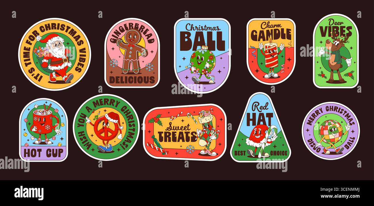 Set vettoriale di etichette hippie Groovy di Natale e Capodanno. Toppe natalizie retrò con personaggi festivi come Babbo Natale, uomo di pan di zenzero, renne, ornamenti e dolcetti con frasi natalizie allegre Illustrazione Vettoriale