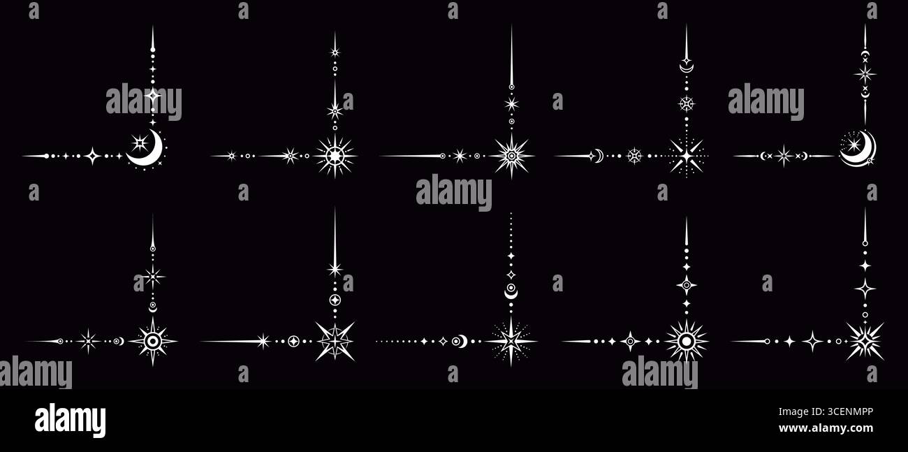 Angoli esoterici con bordo celeste in argento. La magia vettoriale e la mistica cornice Boho, eleganti decorazioni spaziali con decorazioni stellari. Angoli decorativi con stelle, lune, soli e motivi cosmici Illustrazione Vettoriale