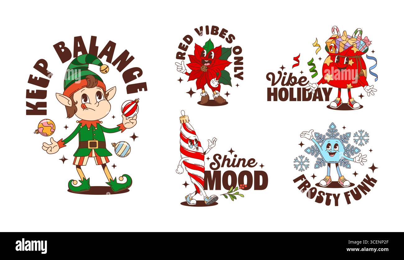 Simpatici personaggi natalizi, adesivi per etichette e stampe di t-shirt con simpatici elfi natalizi, poinsettia, canna da zucchero, sacco da regalo e fiocchi di neve con tipografia retrò. Decorazioni vettoriali per le feste Illustrazione Vettoriale