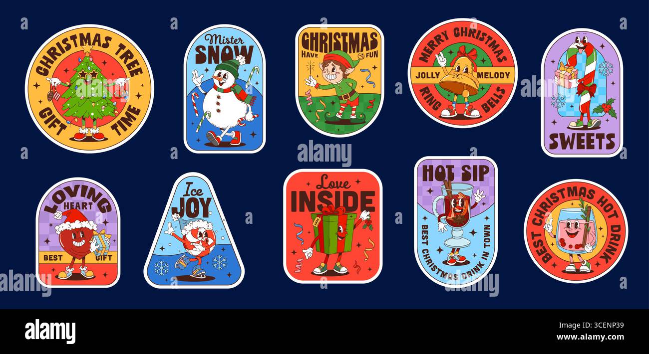 Adesivi natalizi, set di patch per le festività invernali. Spille retrò natalizie con albero cartoni animati di Natale, pupazzo di neve, elfo, canna da zucchero, cuore, bevande e regali con volti gioiosi, allegri atmosfere invernali Illustrazione Vettoriale