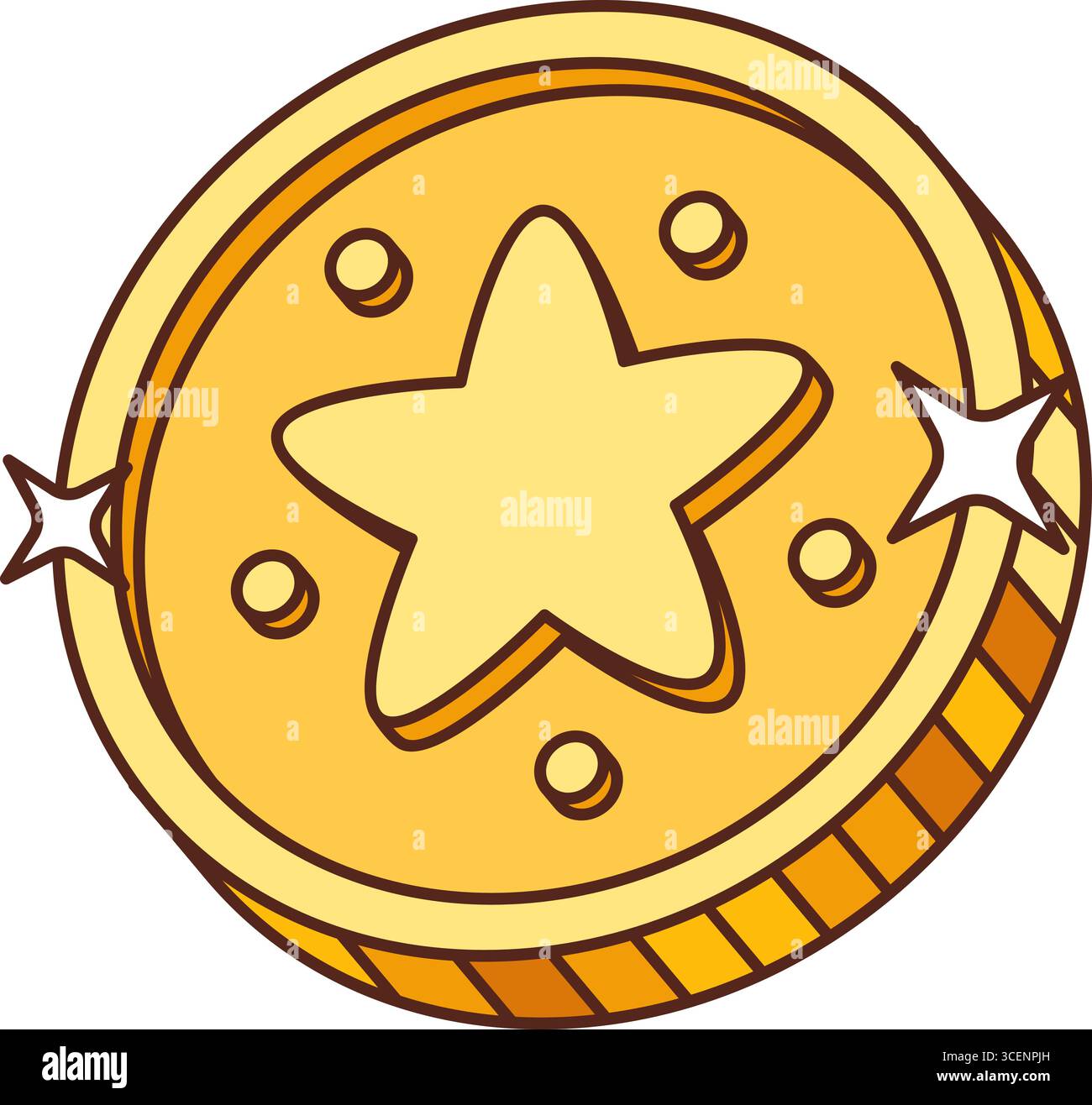 Moneta d'oro hippie retrò o oggetto scanalato. Gettone per il gioco d'azzardo del casinò o premio per la vittoria, simbolo o icona vettoriale degli anni '60 in denaro e valuta. Vivace moneta hippie degli anni '80 con stella Illustrazione Vettoriale