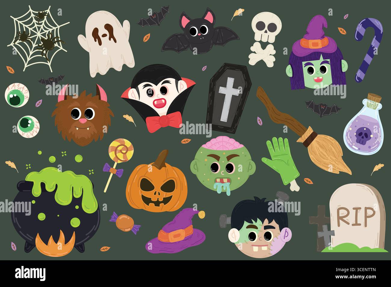 Set di personaggi vettoriali di Halloween con zucche ed elementi spaventosi. Illustrazione vettoriale Illustrazione Vettoriale