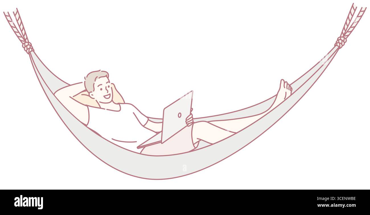 Una persona che si diverte piacevolmente mentre si rilassa comodamente su un'amaca e lavora su un computer portatile Illustrazione Vettoriale