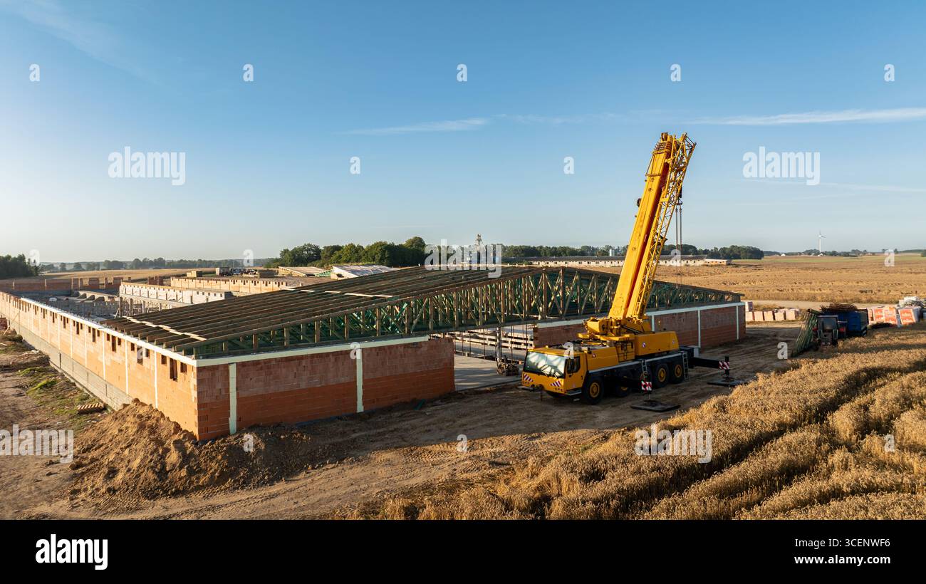 Una gru telescopica mobile che solleva il tetto in acciaio verde fa leva su una grande struttura in mattoni in un cantiere rurale, circondato da campi di grano e c Foto Stock