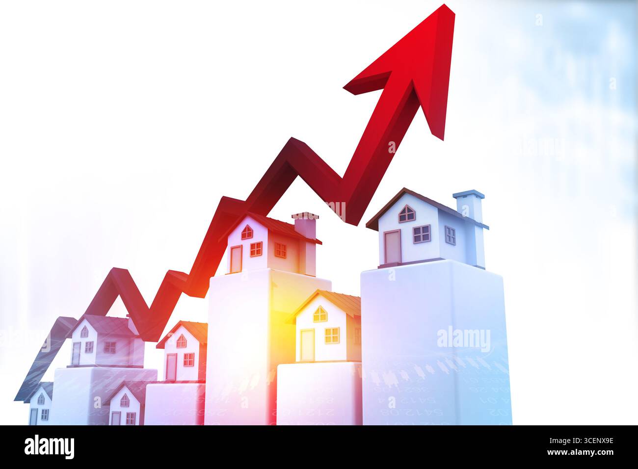Grafico di crescita delle attività immobiliari. Grafico a freccia con grafico a casa. illustrazione 3d. Foto Stock