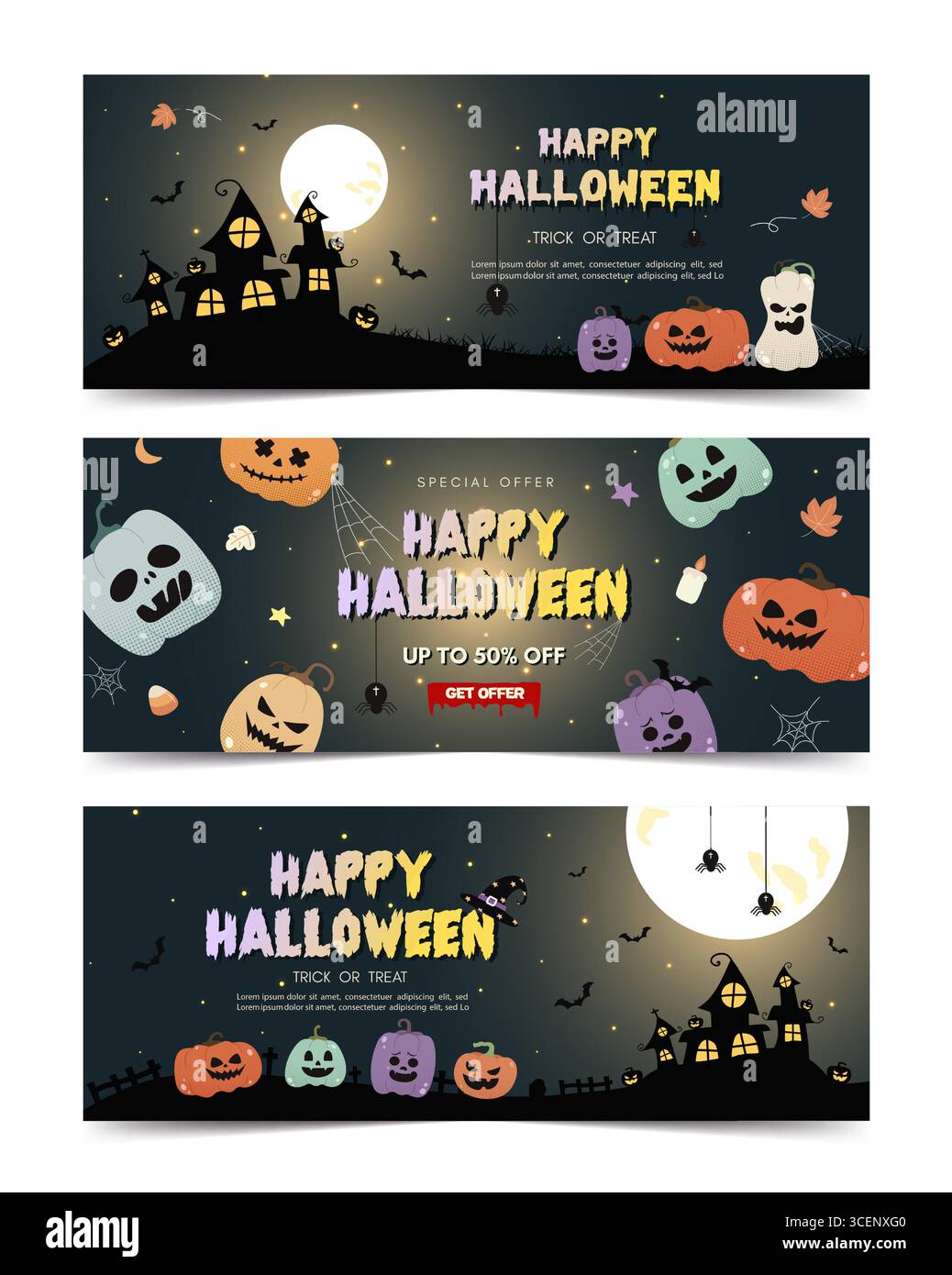 Scena spettrale di Halloween con casa infestata e zucche. Illustrazione vettoriale Illustrazione Vettoriale