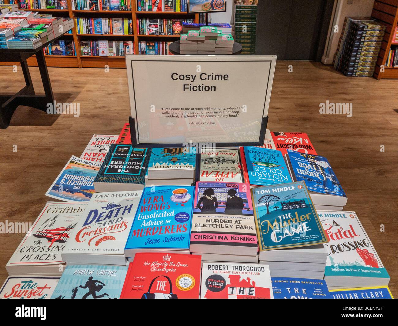 Esposizione di accoglienti libri di fantascienza, con insegne, Waterstones, Milton Keynes, Regno Unito Foto Stock