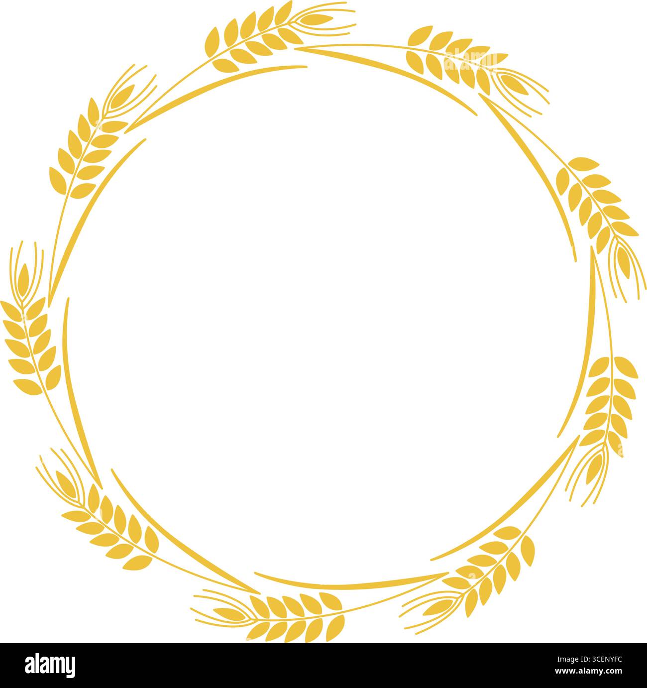 Corona tonda a spillo dorata con spazio di copia. Cornice circolare di orecchie mature di frumento, segale, orzo o avena. Bordo dei ramoscelli di grano rustico agricolo Illustrazione Vettoriale