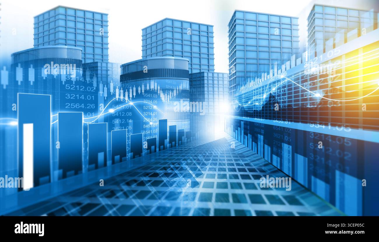 Grafico a candelabro con la città. negoziazione di investimenti sul mercato azionario. illustrazione 3d. Foto Stock