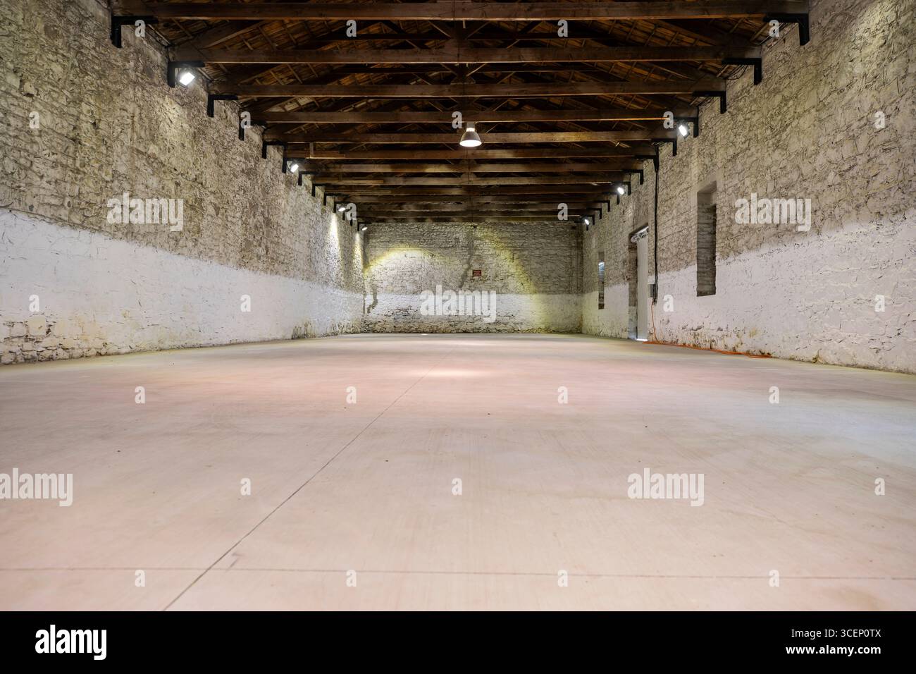 Interno industriale abbandonato in colori scuri, edificio di fabbrica in rovina con muri scoloriti, vecchie macchine e decadimento urbano atmosferico Foto Stock