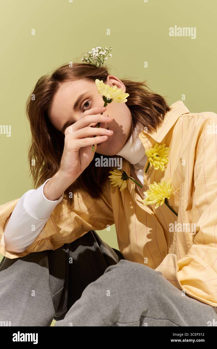 Questo bellissimo giovane uomo sfoggia uno stile moderno e femminile con fiori in un ambiente chic. Foto Stock