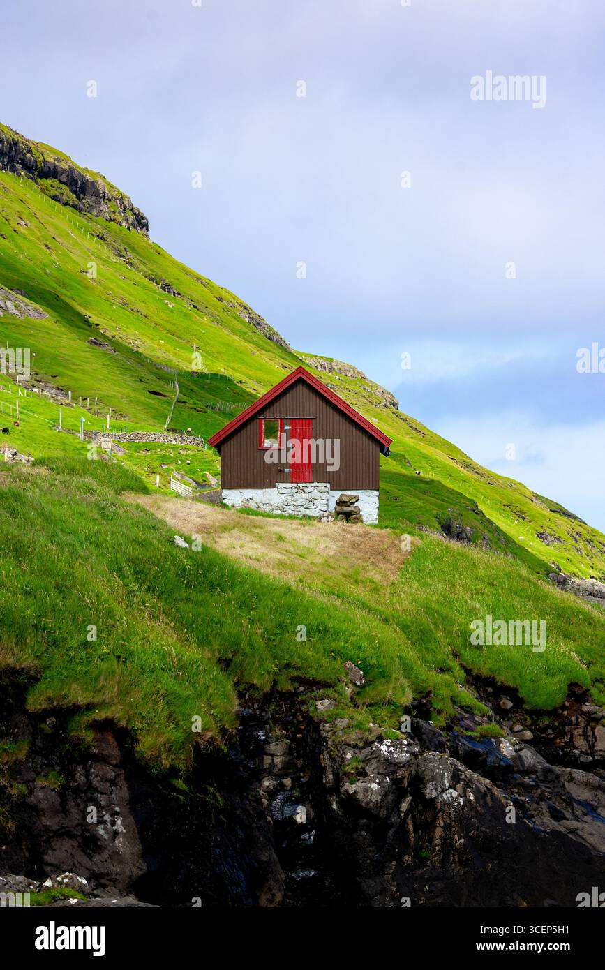 Vista di una pittoresca casa marrone con una vivace porta rossa accoccolata su una collina verdeggiante sullo sfondo di scogliere aspre, Tjørnuvík, Streymoy, Isole Faroe. Foto Stock
