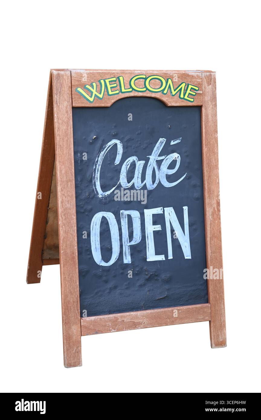 Cartello Cafe Open Sandwich su sfondo bianco Foto Stock