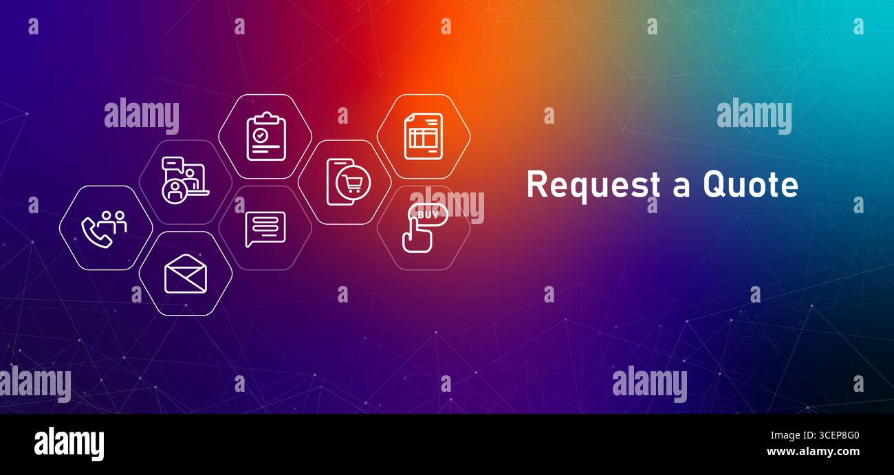 Richiedi un'intestazione Web di quotazione con icone relative a contatti commerciali e richieste di informazioni aziendali per incoraggiare le richieste dei clienti e le transazioni Illustrazione Vettoriale