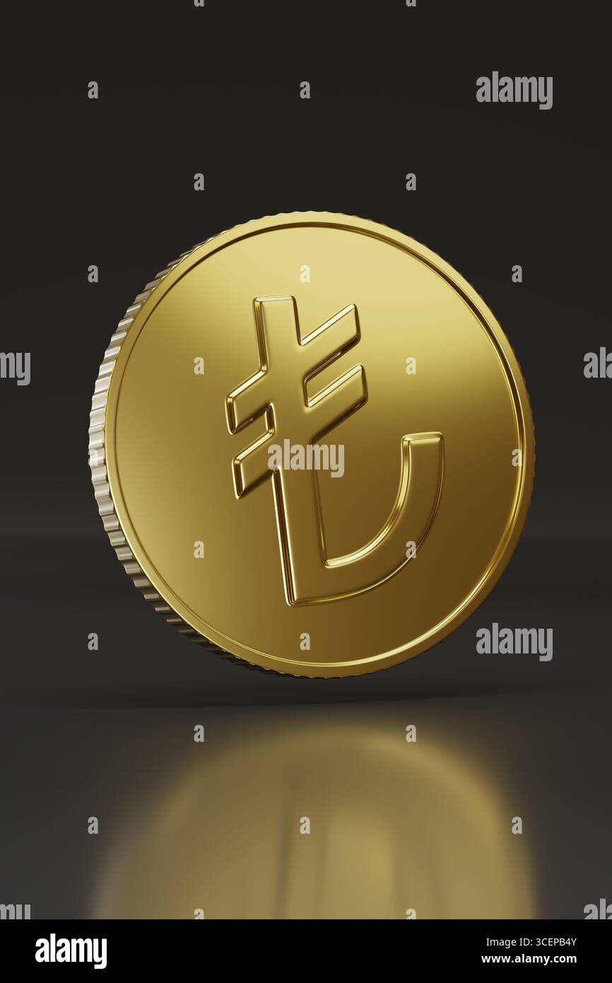 Moneta di lira turca dorata isolata su sfondo scuro. Illustrazione 3D. Foto Stock