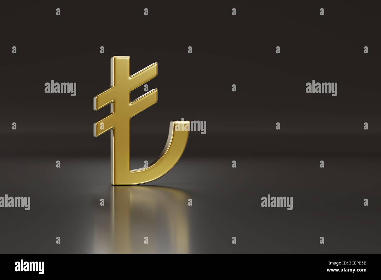 Simbolo della lira turca dorata con spazio di copia. Illustrazione 3D. Foto Stock