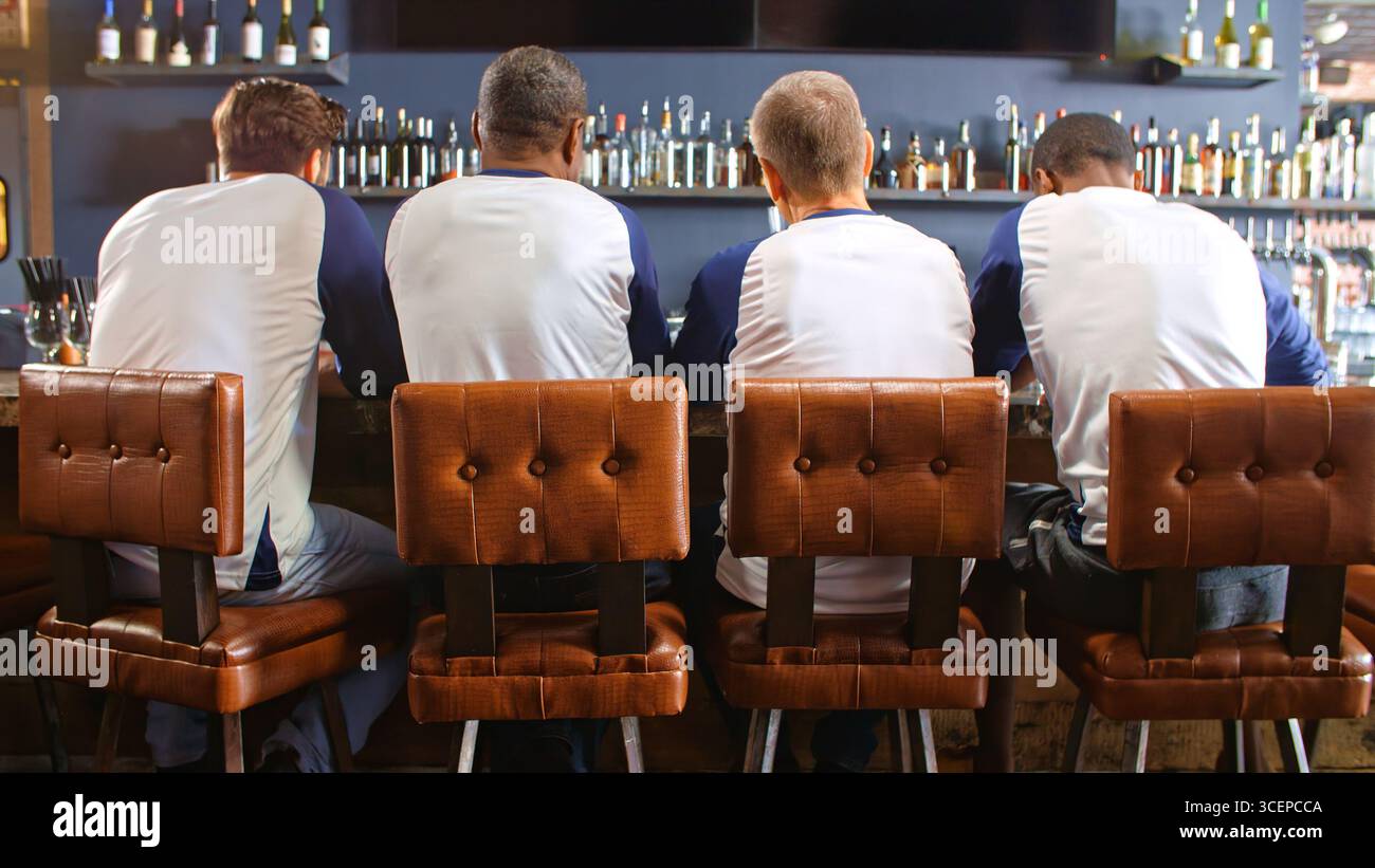 Vista posteriore degli amici maschi che indossano i colori della squadra mentre guardano la partita nel bar dello sport Foto Stock