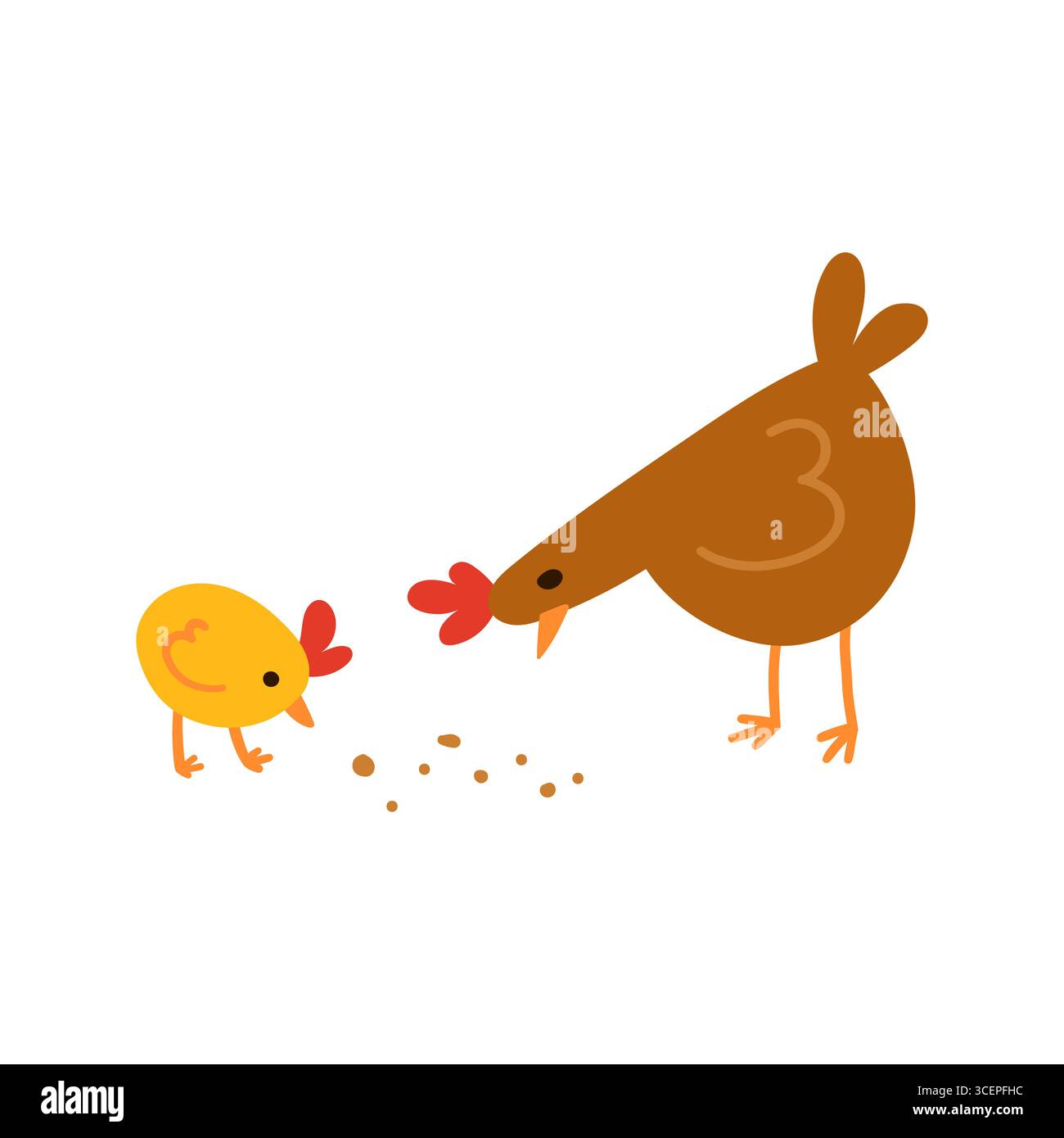 Gallina bruna che dà da mangiare a un pulcino giallo con i cereali. Semplici uccelli domestici piatti con pettini rossi e becchi arancioni isolati su bianco Illustrazione Vettoriale