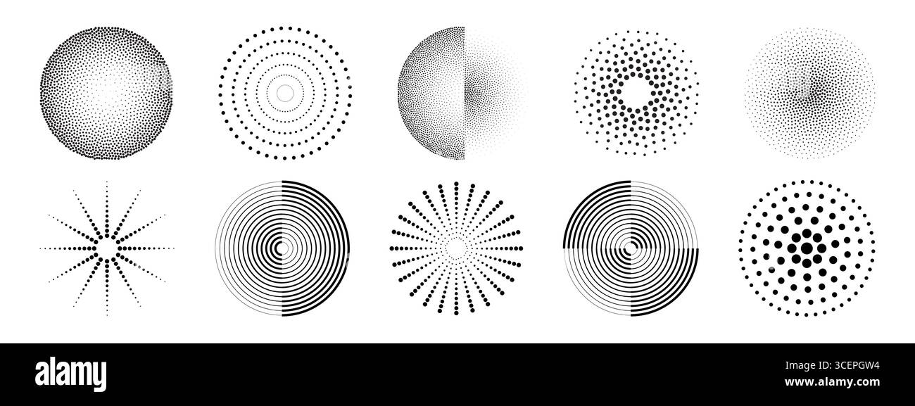 Set con motivo a punti ondulati con mezzitoni circolari bianchi, anelli concentrici e raffiche radiali sul nero. Spirali geometriche, punti stellari e linee ondulate per un design minimalista o effetti di illusione ottica. Illustrazione Vettoriale
