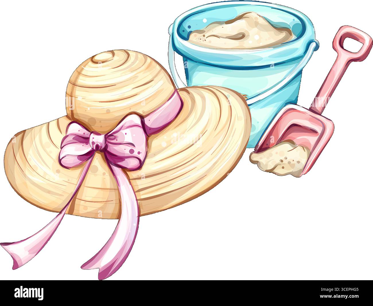 Goditi le giornate di sole sulla spiaggia con un cappello di paglia, un secchio di sabbia e una pala che creano l'atmosfera perfetta per il divertimento estivo e il relax sulla riva Illustrazione Vettoriale