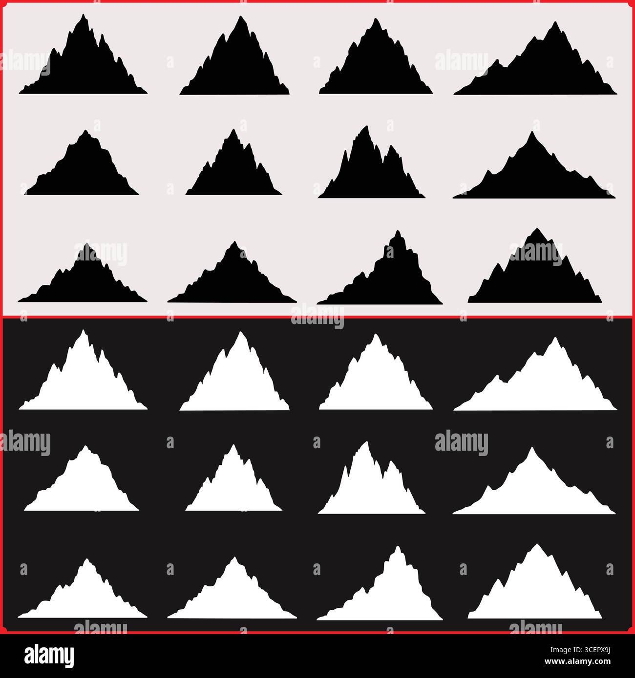 Un set di silhouette da montagna in bianco e nero disposte a griglia con un bordo rosso Illustrazione Vettoriale