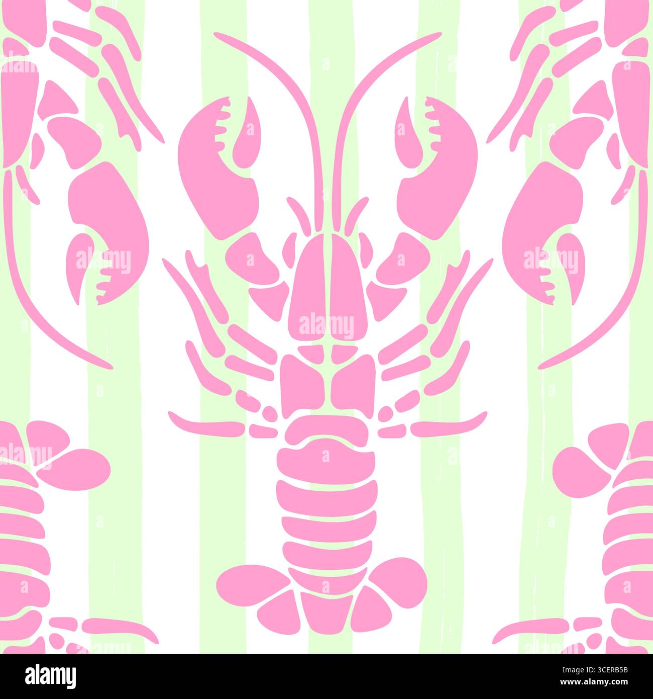 Motivo di aragosta senza cuciture su strisce verdi e bianche. Piatti di pesce estivi. Sfondo a tema costiero mediterraneo. Vettore disegnato a mano ispirato all'estetica estiva italiana. Illustrazione Vettoriale