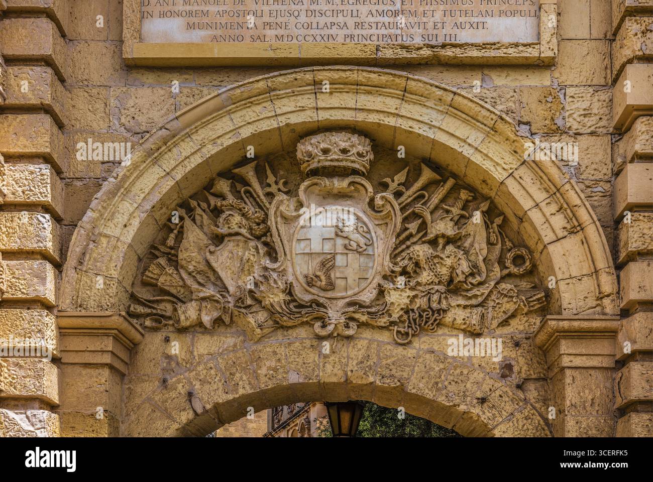 Porta della città barocca, XVIII secolo, Mdina, ex capitale, Malta Foto Stock