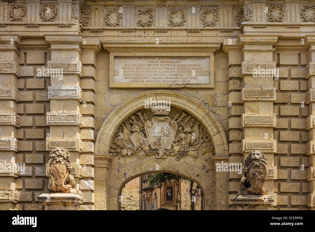 Porta della città barocca, XVIII secolo, Mdina, ex capitale, Malta Foto Stock