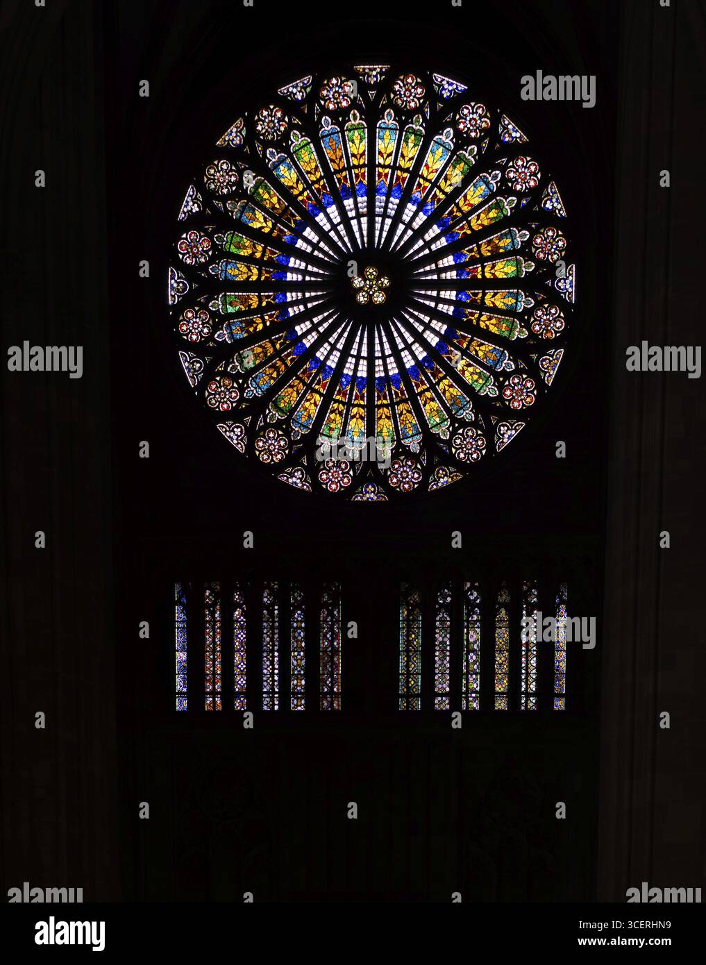 Vista interna, grande rosone sulla facciata ovest, cattedrale Notre-Dame, Strasburgo, Strasburgo, città vecchia, BAS-Rhin, Grand Est, Alsazia, Francia Foto Stock
