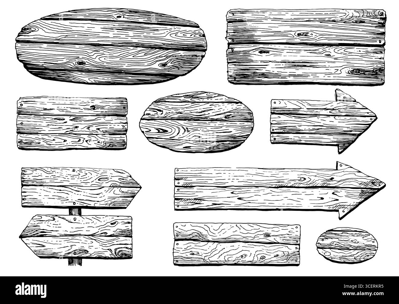 Set di diversi cartelli in legno, cartelloni direzionali e frecce, paletti o striscioni, cartelloni rustici in vecchio stile vintage disegnato a mano per la rete Illustrazione Vettoriale Set di diversi cartelli in legno, cartelloni direzionali e frecce, paletti o striscioni, cartelloni rustici in vecchio stile vintage disegnato a mano per la rete Illustrazione Vettoriale