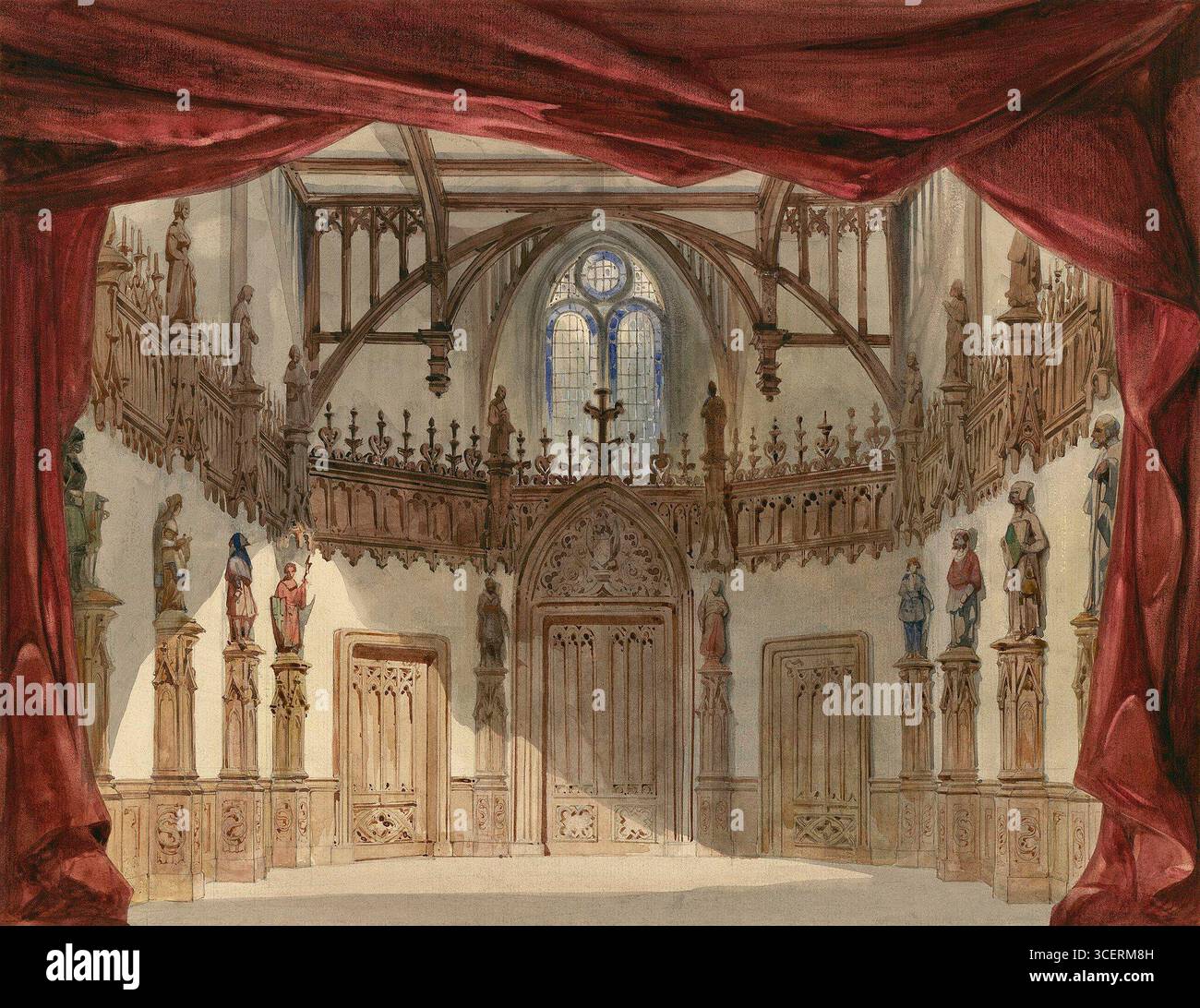 Humanité René Philastre e Charles-Antoine Cambon – scenografia per la seconda parte di Les Burgraves di Victor Hugo, prima produzione, 1846. Scenografia gotica revival con archi a punta, sculture in legno ornate, statue, vetrate colorate e spettacolari tende rosse che incorniciano la vista. Foto Stock