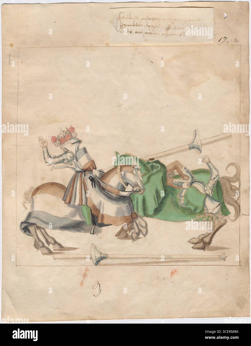 Joust tedesco di Pace, c.1512–1515. Un disegno ad acquerello riccamente colorato di un anonimo artista tedesco del XVI secolo, che raffigura una scena di torneo di un "giostra di pace", dove cavalieri con armature elaborate e cavalli in caparison si scontrano con lance smussate. Un cavaliere è drammaticamente sconvolto, cadendo all'indietro mentre il suo manzo si abbassa, mentre il cavaliere avversario, adornato con cresta floreale e pennacchio, rimane in posizione eretta sul suo cavallo. Questa immagine cattura lo spettacolo rituale dei tornei rinascimentali, enfatizzando lo sfarzo, l'araldica e lo sport aristocratico piuttosto che il combattimento letale. Foto Stock