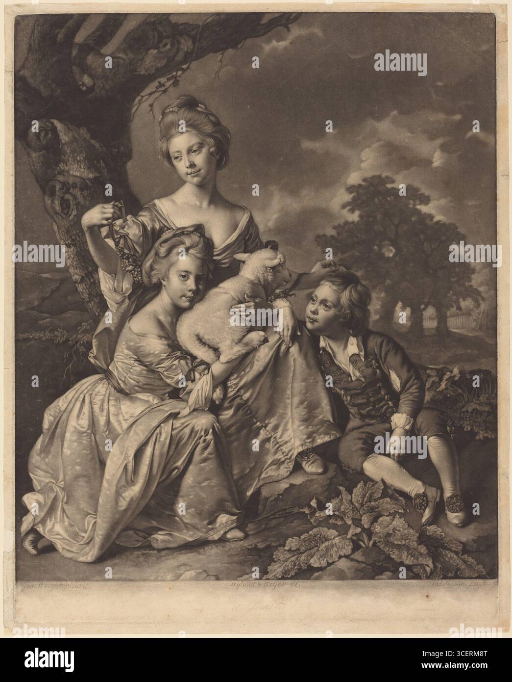 La famiglia Wright (i figli Bradshaw), 1769. Questo mezzotinta dell'artista britannico Valentine Green raffigura un intimo gruppo di famiglia dei bambini Bradshaw, spesso indicati come la famiglia Wright. Tre bambini sono mostrati in un ambiente naturale e pastorale. La scena incarna il fascino del XVIII secolo per l'infanzia, il sentimento e l'idealizzazione della vita familiare, incorniciata in un paesaggio bucolico ma drammatico. Foto Stock
