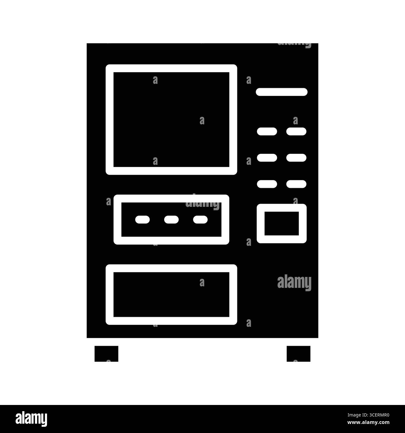 Semplice icona in bianco e nero di un distributore automatico, con vari pulsanti e scomparti di selezione, progettata per la comodità moderna nel settore retail Illustrazione Vettoriale