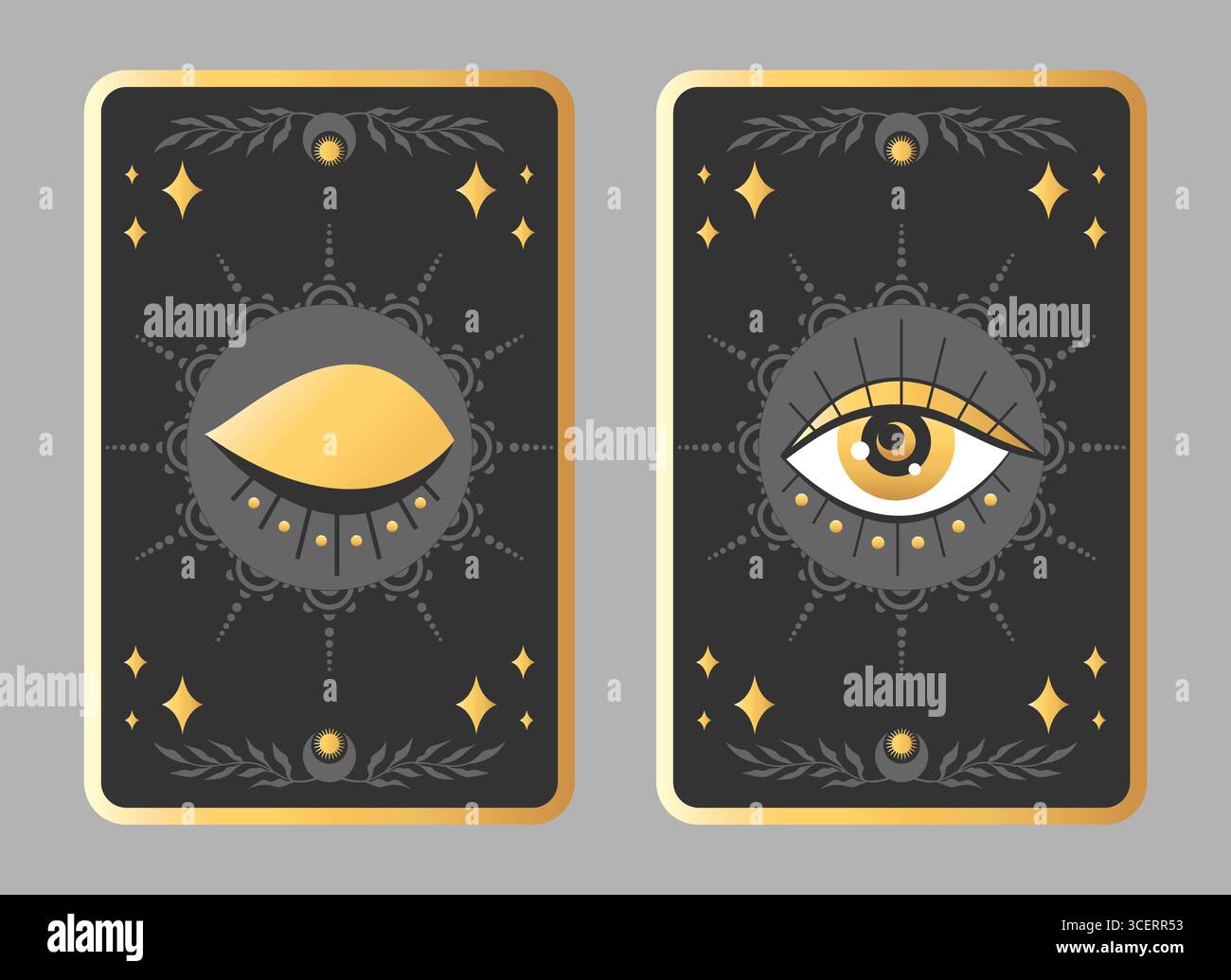Design con carte tarocchi esoterici celesti con occhi magici ed elementi celesti. Illustrazione vettoriale Illustrazione Vettoriale