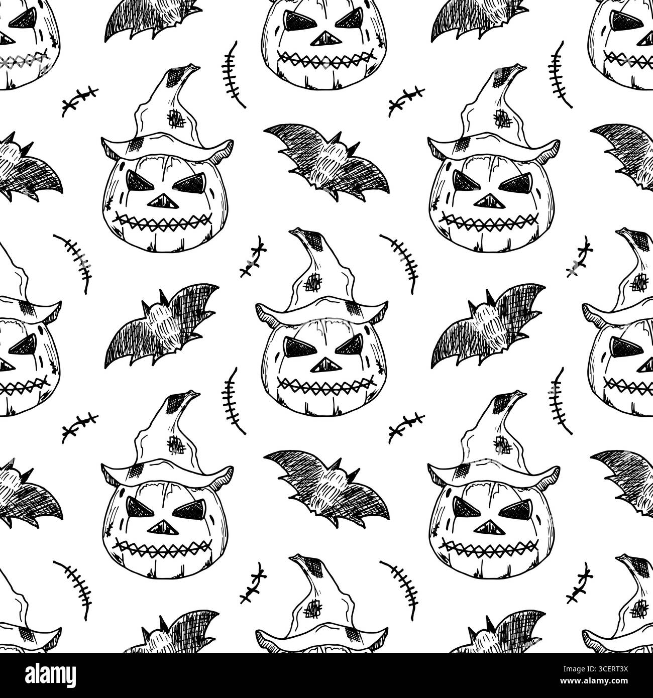 Concetto di Halloween, motivo senza cuciture con uno spaventapasseri di zucca con un viso inquietante in un cappello e pipistrelli. Disegni monocromatici disegnati a mano, una tradizionale festa annuale. Design degli involucri Illustrazione Vettoriale