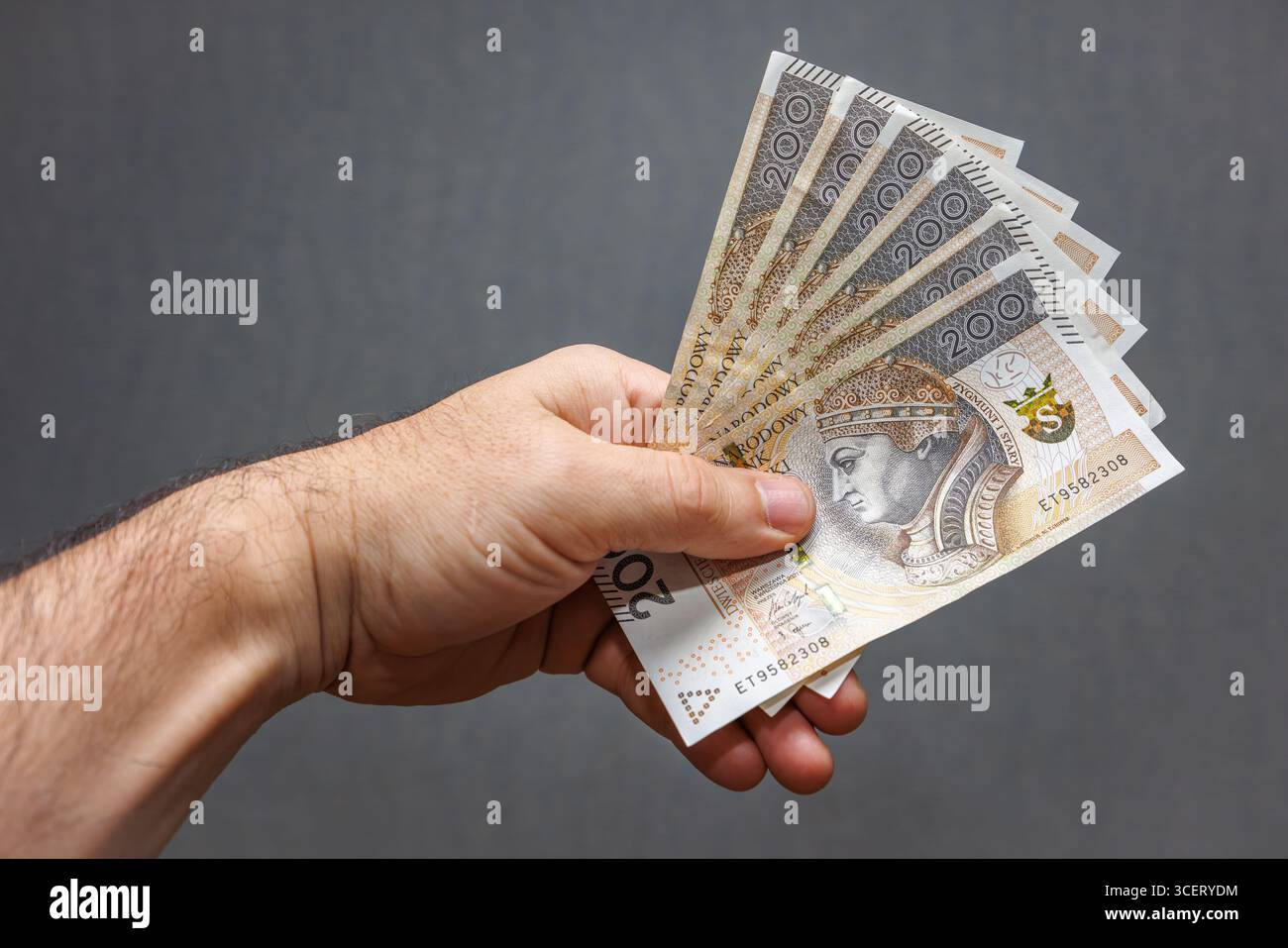 Mano maschile che tiene in mano un fan di banconote polacche di duecento zloty su sfondo scuro. Concetto di pagamento. Foto di alta qualità Foto Stock